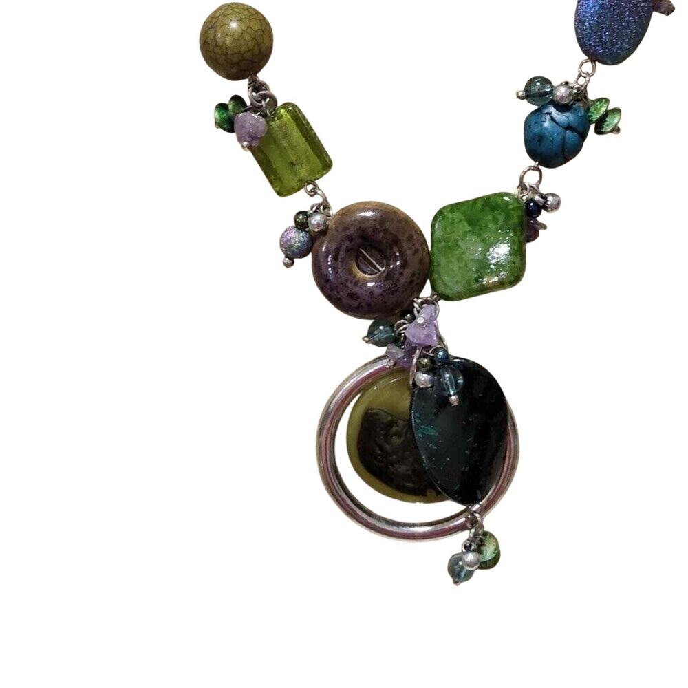 Treska Boho Chunky Mixed Bead Statement Necklace Green Blue Purple Silver NWT - Picture 5 of 7